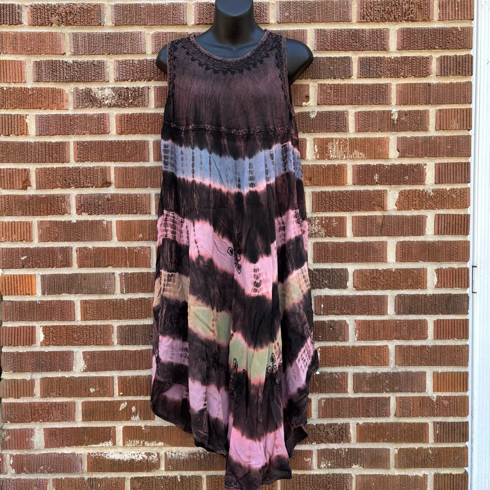 Mamta Brown Pink Tie Dyed Sleeveless One Size plus size Sun dress Dress